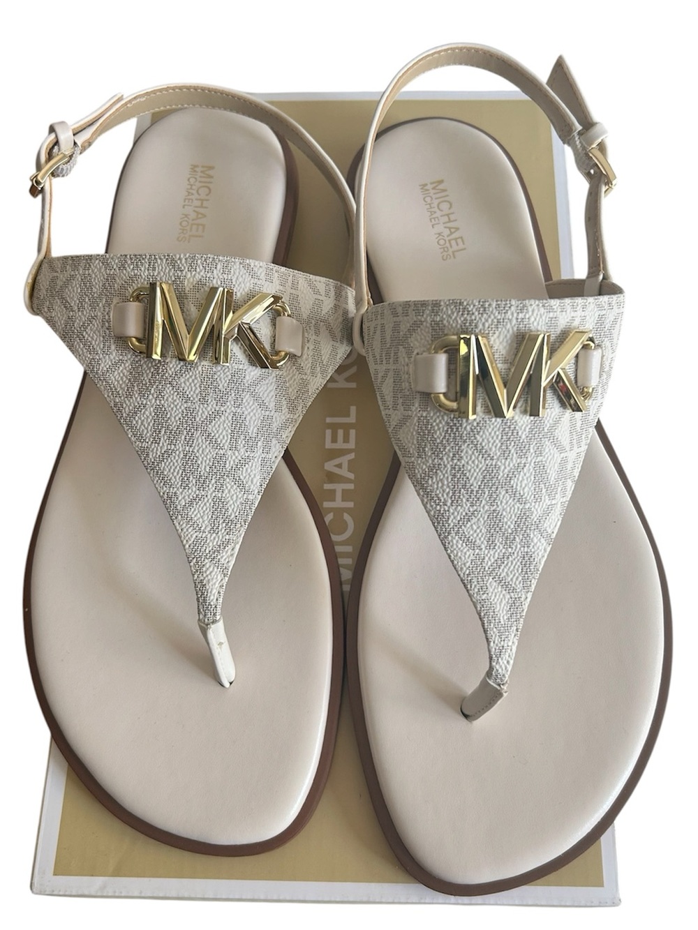 Michael Kors Beige Logo Thong Sandals with Gold MK Accent New in box Size 10